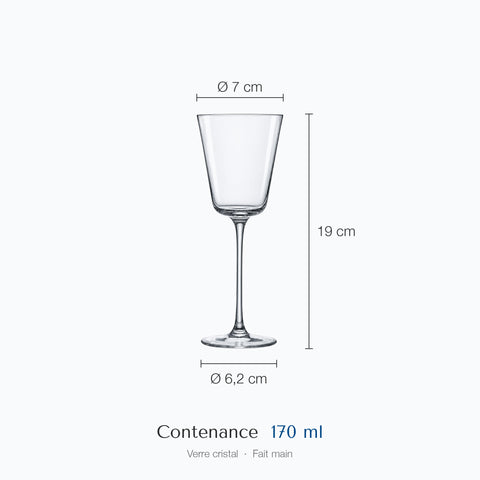 Verre à cocktail conique à pied Crescendo sur fond blanc : 19 cm de haut, 7 cm de diamètre au bord, 6,2 cm à la base, 17 cl