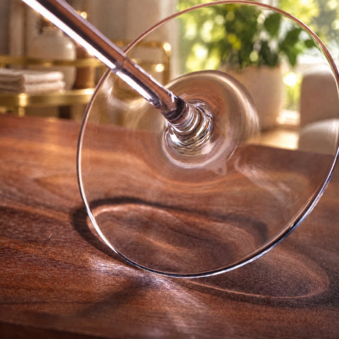 Gros plan sur le pied et la tige du verre à cocktail conique à pied Crescendo posé sur un plan en bois sombre