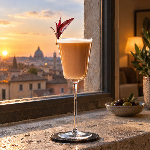 Boisson ambrée à mousse blanche dans le verre à cocktail conique à pied Crescendo, feuille rouge au bord, sous-verre en cuir