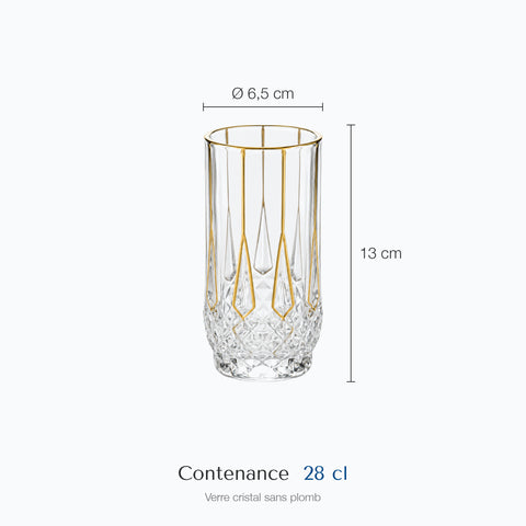 Dimensions : Verre à Cocktail Doré · Obélisque (hauteur 13 cm, diamètre 6,5 cm, contenance 28 cl)