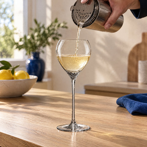 Main versant une boisson dorée du shaker à travers une passoire dans le verre à cocktail galbé Bilboquet, îlot en chêne