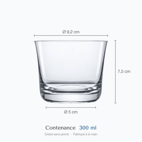 Cotes du verre old fashioned Largo : hauteur 7,5 cm, diamètre 9,2 cm en haut et 5 cm à la base, contenance 30 cl
