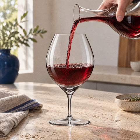 Main versant un rouge rubis d'une carafe en cristal dans le verre à vin Bourgeon rempli au tiers, posé sur la table