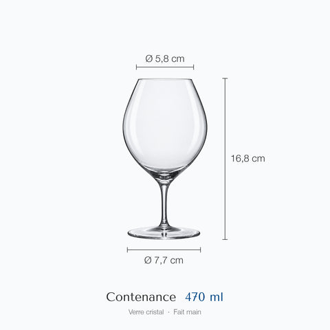 Dimensions du verre à vin Bourgeon : hauteur 16,8 cm, diamètre du haut 5,8 cm, de la base 7,7 cm, contenance 47 cl