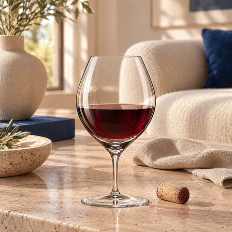 Verre à vin Bourgeon rempli au tiers de rouge rubis, bouchon en liège couché près du pied, serviette en lin pliée derrière