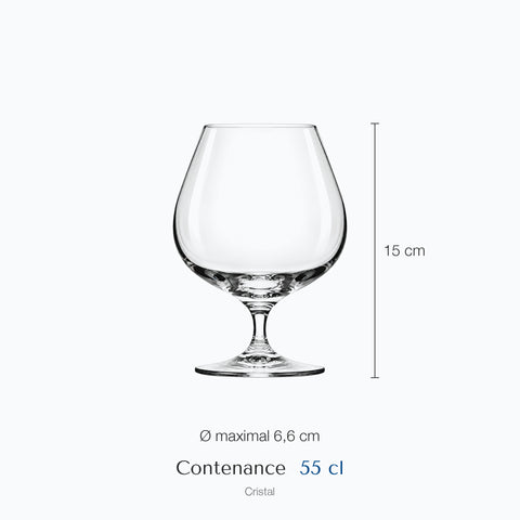 Dimensions : Verre à Cognac Gabare (hauteur 15 cm, diamètre 6,6 cm, contenance 55 cl)
