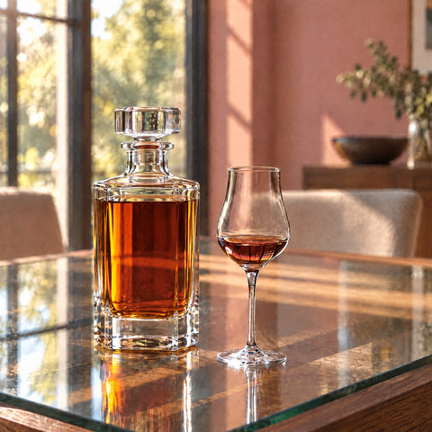 Verre à eau de vie Bouquet rempli au tiers de whisky ambré près d'une carafe en cristal, table en bois, lumière rasante