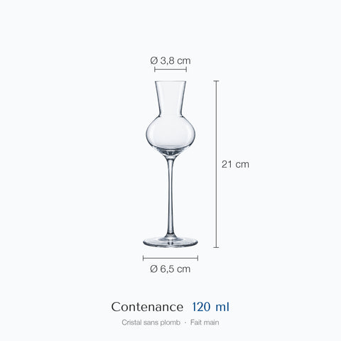 Verre à grappa Alambic coté : hauteur 21 cm, diamètre du haut 3,8 cm, de la base 6,5 cm, contenance 12 cl
