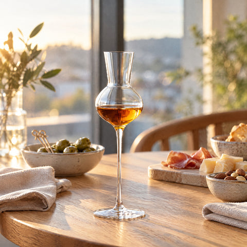 Verre à grappa Alambic garni de whisky ambré sur un tapis de service noir, table en chêne dressée pour l'apéritif au fond