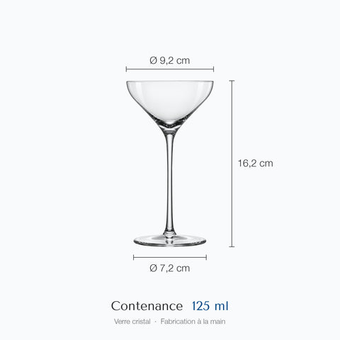 Verre à manhattan Inflexion sur fond blanc : 16,2 cm de haut, 9,2 cm de diamètre au bord, 7,2 cm à la base, 12,5 cl
