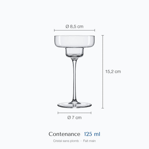 Verre à margarita Semplice coté : hauteur 15,2 cm, diamètre 8,5 cm en haut et 7 cm à la base, contenance 12,5 cl