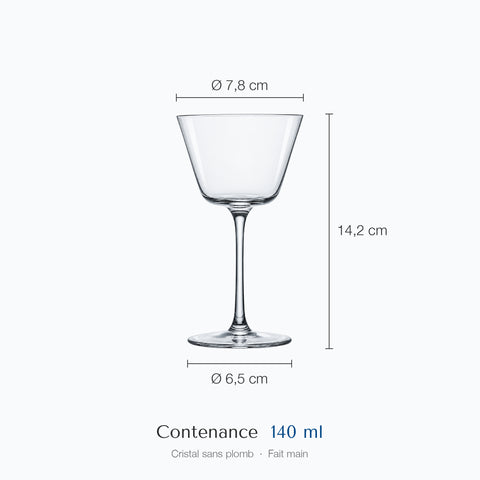 Cotes du verre à martini Crescendo : hauteur 14,2 cm, diamètre haut 7,8 cm, base 6,5 cm, contenance 14 cl