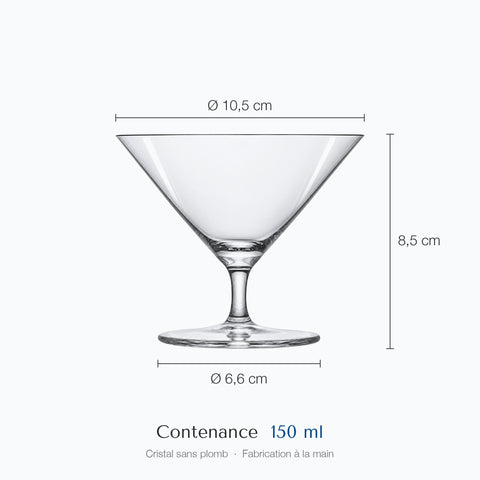 Verre à martini Largo coté : hauteur 8,5 cm, diamètre du haut 10,5 cm, de la base 6,6 cm, contenance 15 cl