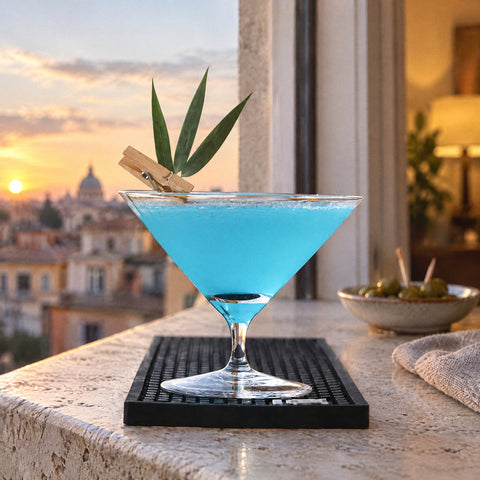 Verre à martini Largo rempli d'un cocktail turquoise, feuille tenue au bord par une pince à linge en bois, toits flous