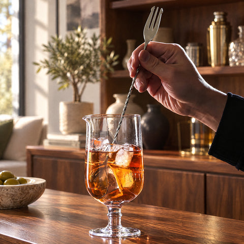 Main tenant une cuillère de bar torsadée dans le verre à mélange à pied Balustre au cocktail ambré, meuble bar en noyer
