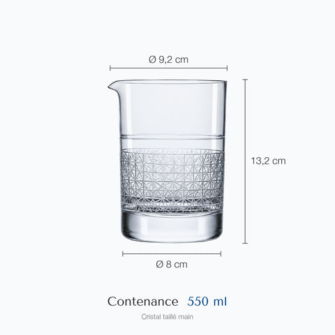 Cotes du verre à mélange Résille : hauteur 13,2 cm, diamètre du haut 9,2 cm, de la base 8 cm, contenance 55 cl