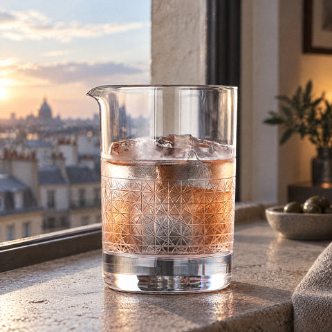 Verre à mélange Résille, cocktail ambré sur gros glaçon et buée sur le bandeau taillé, olives et toits de la ville