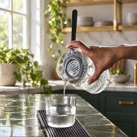Main inclinant le verre à mélange Résille, passoire au bord, cocktail coulant dans un verre bas, comptoir carrelé vert