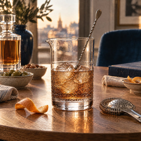Verre à mélange Résille rempli de whisky ambré et de glaçons, cuillère de bar, zeste d'orange et carafe en cristal