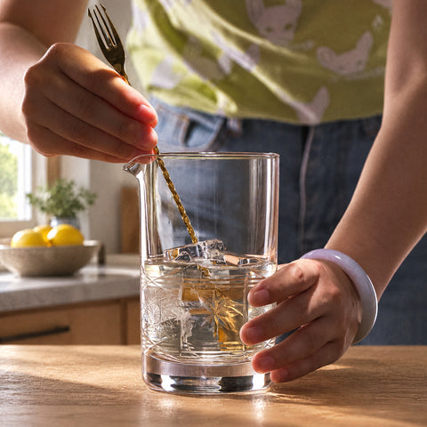 Mains remuant à la cuillère dorée le glaçon et le liquide ambré pâle du verre à mélange Boussole, îlot en chêne clair