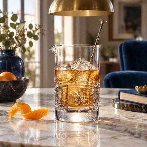 Verre à mélange Boussole rempli de glaçons et de cocktail ambré, cuillère de bar torsadée, zeste d’orange sur le comptoir