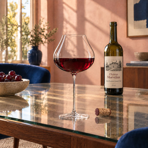 Verre à pied ballon Amphore rempli de vin rouge rubis, bouchon couché près du pied, bouteille étiquetée floue au fond