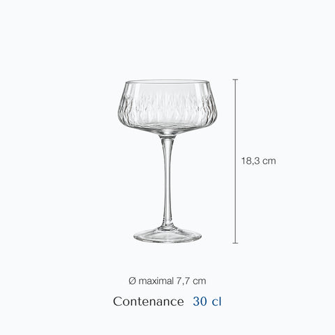 Dimensions : Verre à Pied Cocktail (hauteur 18,3 cm, diamètre 7,7 cm, contenance 30 cl)