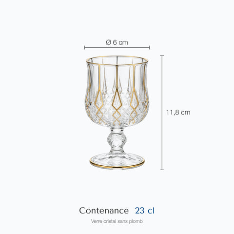Dimensions : Verre à Pied Doré · Régalia (hauteur 11,8 cm, diamètre 6 cm, contenance 23 cl)