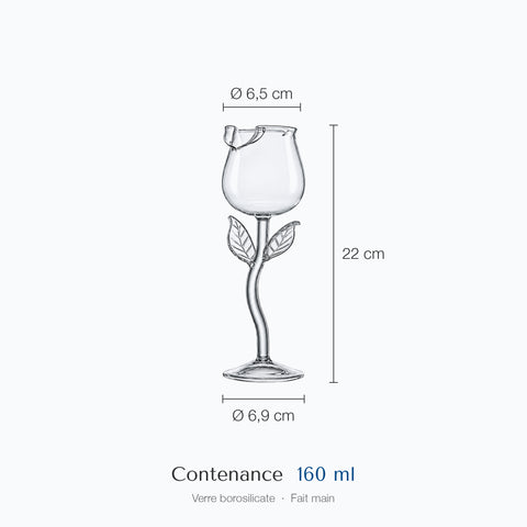 Dimensions du verre à pied en forme de rose Églantine : hauteur 22 cm, diamètre haut 6,5 cm, base 6,9 cm, contenance 16 cl