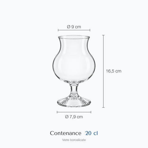Dimensions : Verre Tequila Sunrise (hauteur 16,5 cm, diamètre 9 cm, contenance 20 cl)