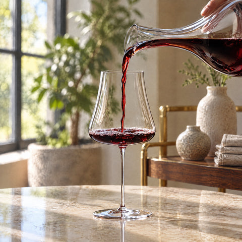 Ruban de vin rouge versé d'une carafe en cristal dans le verre à vin Nef, mousse au fond, pied reflété sur la table