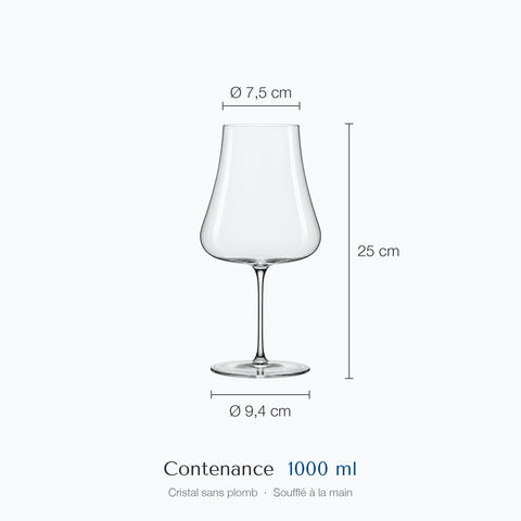 Cotes du verre à vin Nef : hauteur 25 cm, diamètre du haut 7,5 cm, de la base 9,4 cm, contenance 100 cl