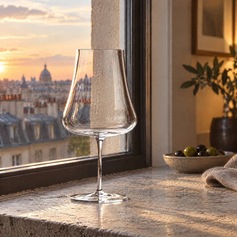 Deux verres à vin Nef posés côte à côte sur une table en marbre clair, reflets en miroir sur la pierre
