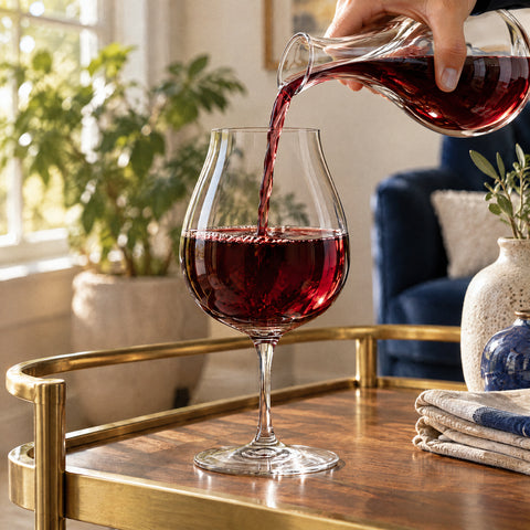 Main versant un vin rouge rubis depuis une carafe en cristal dans le verre à vin Cocon posé sur le comptoir