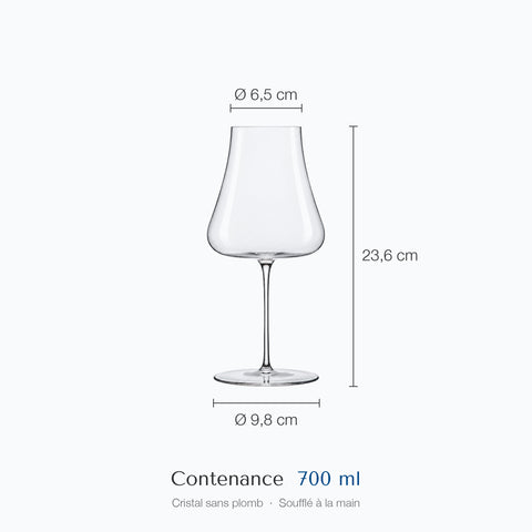 Cotes du verre à vin Nef : hauteur 23,6 cm, diamètre du haut 6,5 cm, de la base 9,8 cm, contenance 70 cl