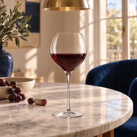 Verre à vin ballon Madrigal rempli au tiers de vin rouge rubis, bouchon couché et grains de raisin noir à côté