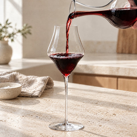 Vin rouge versé d'une carafe en cristal dans le verre à vin Mât, calice tulipe sur longue jambe fine
