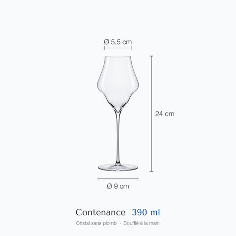 Dimensions du verre à vin Mât : hauteur 24 cm, ouverture 5,5 cm, base 9 cm, contenance 39 cl