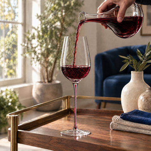 Vin rouge rubis versé d'une carafe en cristal tenue en main dans le verre à vin Vocalise, rempli au quart sur un comptoir