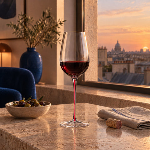 Le verre à vin Vocalise rempli au tiers de vin rouge rubis sur une table, serviette en lin pliée et bouchon près du pied