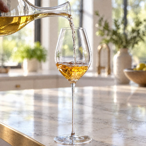 Filet de vin blanc doré versé d'une carafe en cristal dans le verre à vin Sépale, reflet sur la table en bois