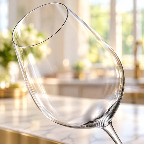 Gros plan sur le calice incliné du verre à vin Sépale, bord lisse et départ de tige, marbre et fleurs flous en fond