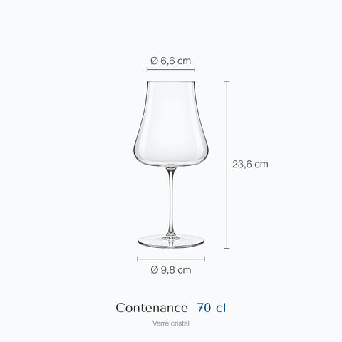 Dimensions : Verre à Vin et Champagne (hauteur 23,6 cm, diamètre 6,6 cm, contenance 70 cl)
