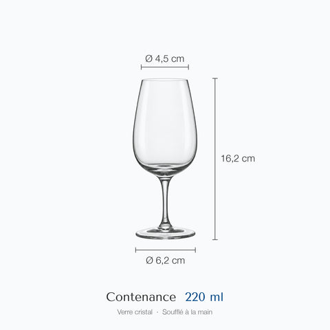 Verre de dégustation Solfège sur fond blanc : hauteur 16,2 cm, ouverture 4,5 cm, base 6,2 cm, contenance 22 cl