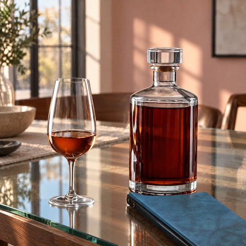 Verre de dégustation Solfège à demi rempli de whisky, carafe en cristal taillé, table en verre et mur rose poudré