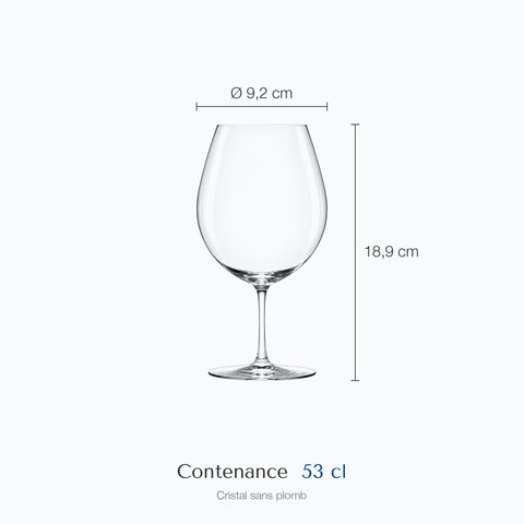 Dimensions : Verre à Vin Rouge Petit Pied (hauteur 18,9 cm, diamètre 9,2 cm, contenance 53 cl)