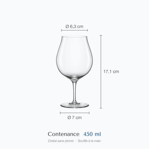 Cotes du verre à vin pied bas Tablée : hauteur 17,1 cm, diamètre du haut 6,3 cm, de la base 7 cm, contenance 45 cl