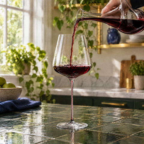 Main versant un filet régulier de vin grenat d'une carafe en cristal dans le verre à vin Pigment posé sur un comptoir