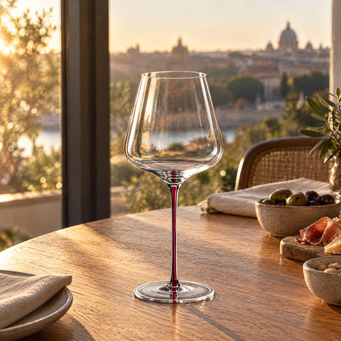 Le verre à vin Pigment posé au bord d'une table, tige à filet rouge, serviettes en lin et coupelles en céramique floues
