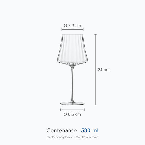 Dimensions du verre à vin Partition : hauteur 24 cm, ouverture 7,3 cm, base 8,5 cm, contenance 58 cl